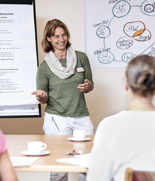 Eva Hartwig-Kleuters steht vor einem Flipchart und spricht zu mehreren Personen in einem Seminarraum.